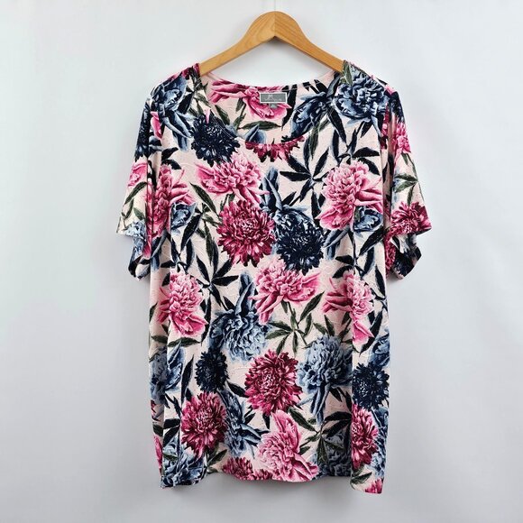 JM Collection Floral Top Woman 2X Short Sleeve Pink Blue Stretch Embellished - Picture 11 of 11